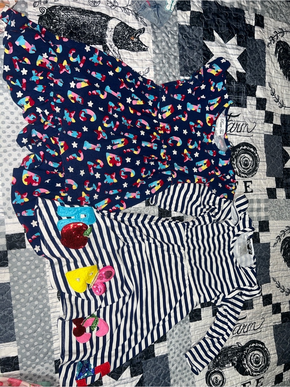 Toddler Navy Rainbow Hearts Dress + Navy Striped Dress with Patches